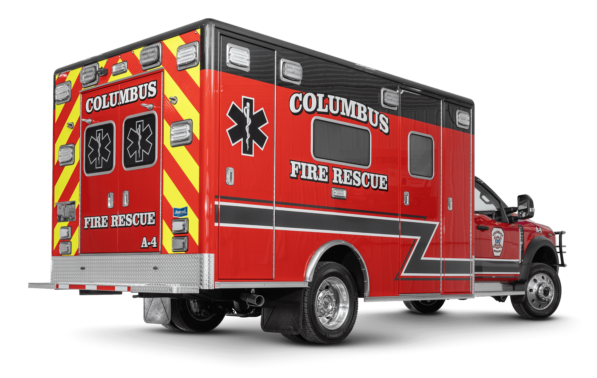 Rear View of Columbus Rural Fire District 2023 Ford F450 Heavy Duty Ambulance
