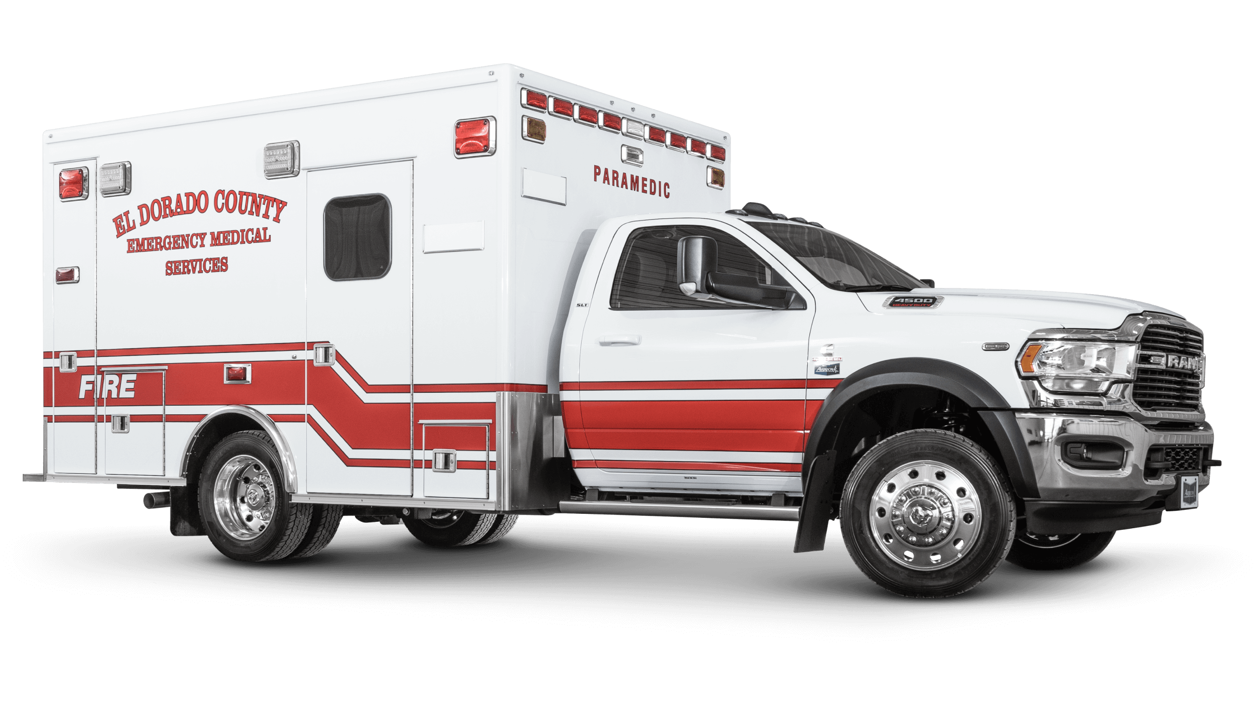 Rear View of El Dorado County EMS Ram 4500 Heavy Duty Ambulance